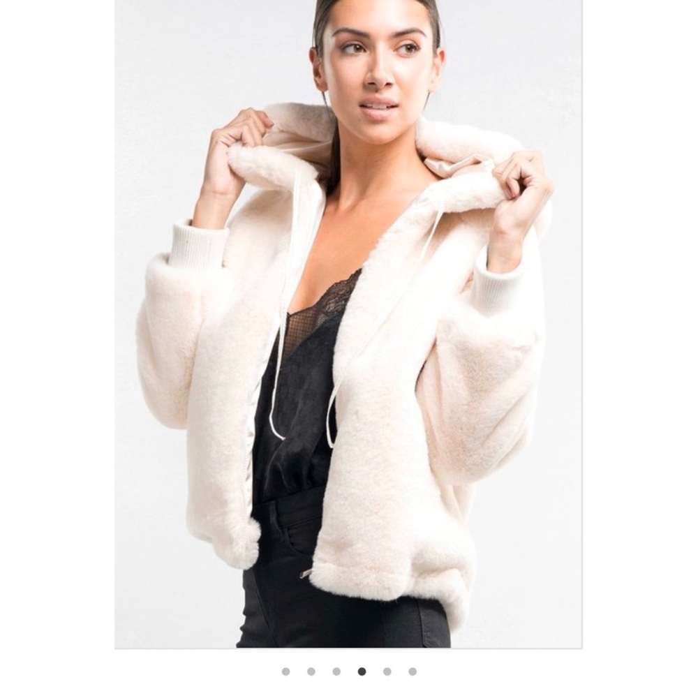 Cream Fur Zip Up Hooded Bomber